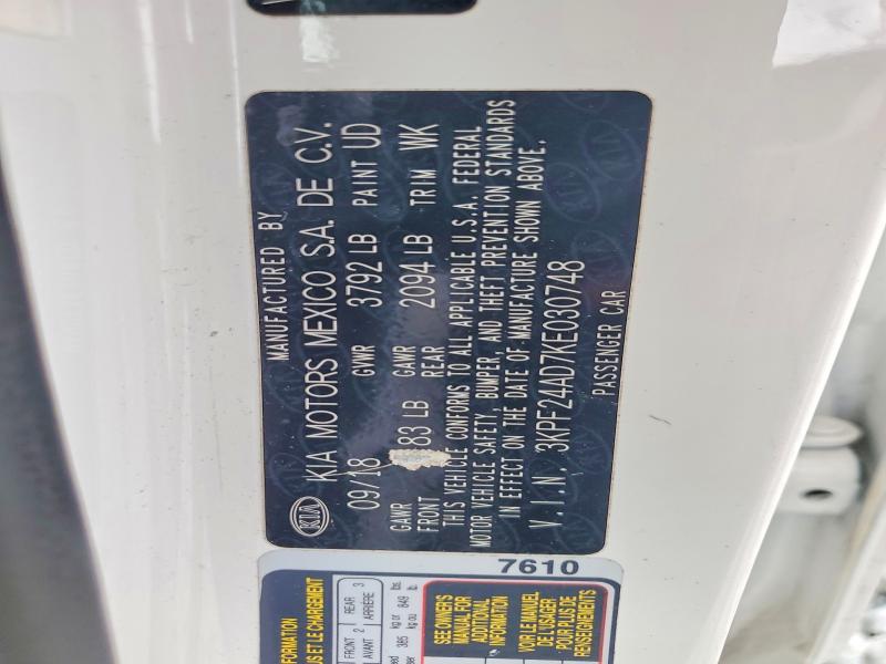 62025936 :رقم المزاد ، 3KPF24AD7KE030748 vin ، 2019 Kia Forte مزاد بيع