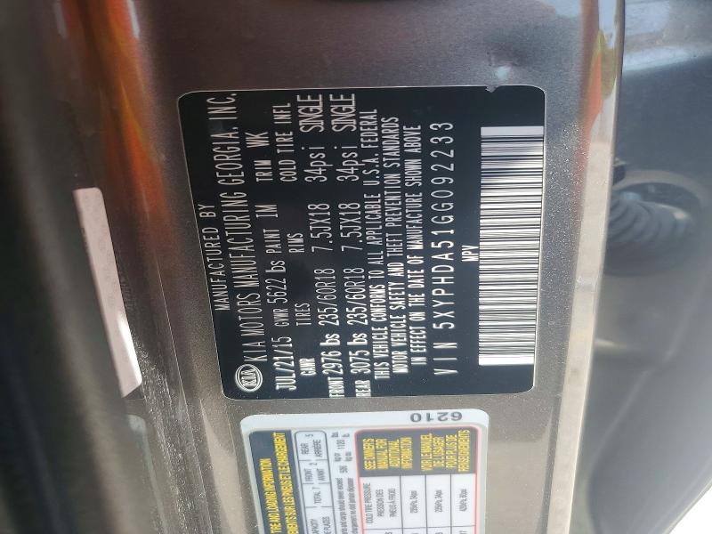 Продаж на аукціоні авто 2016 Kia Sorento, vin: 5XYPHDA51GG092233, номер лоту: 62018096