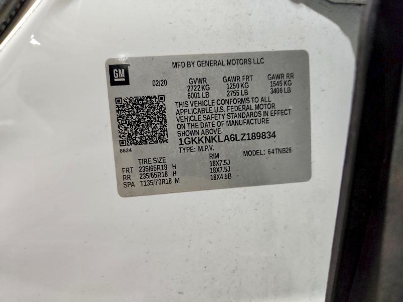 60251656 :رقم المزاد ، 1GKKNKLA6LZ189834 vin ، 2020 Gmc Acadia مزاد بيع