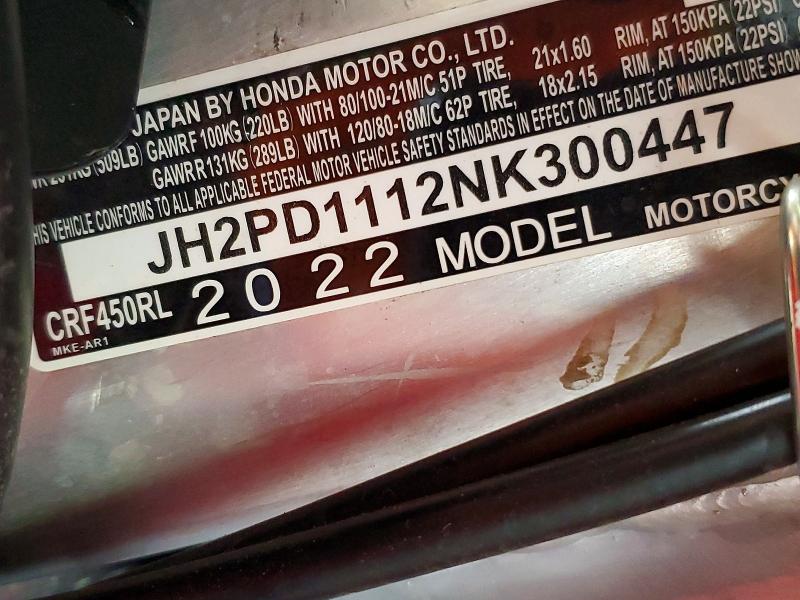 60375706 :رقم المزاد ، JH2PD1112NK300447 vin ، 2022 Honda Crf450 مزاد بيع
