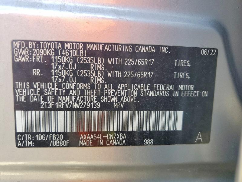 2022 Toyota Rav4 მანქანა იყიდება აუქციონზე, vin: 2T3F1RFV7NW279139, აუქციონის ნომერი: 59840616