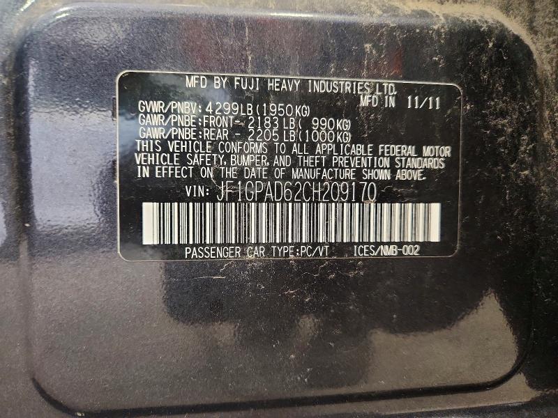 Aukcja sprzedaży 2012 Subaru Impreza, vin: JF1GPAD62CH209170, numer aukcji: 62025636