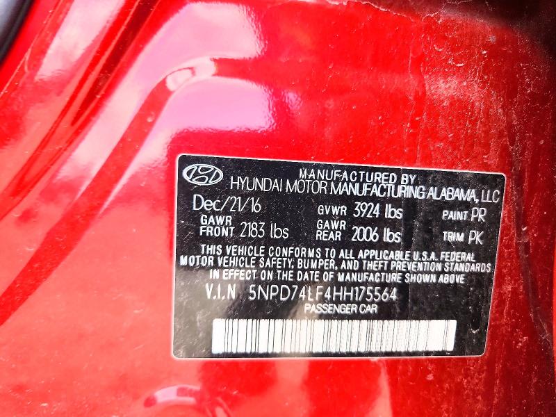 62668696 :رقم المزاد ، 5NPD74LF4HH175564 vin ، 2017 Hyundai Elantra مزاد بيع