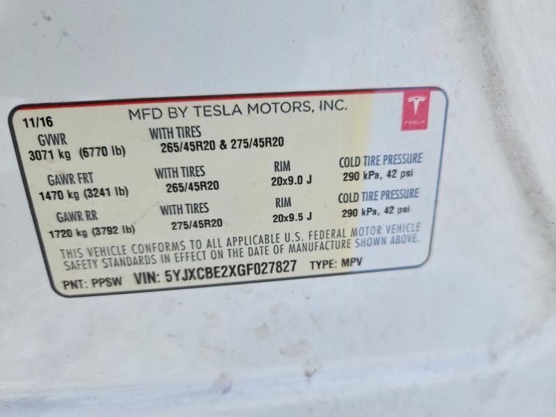 Продажа на аукционе авто 2016 Tesla Model X, vin: 5YJXCBE2XGF027827, номер лота: 59290906