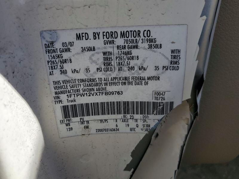 62301306 :رقم المزاد ، 1FTPW12VX7FB09763 vin ، 2007 Ford F150 مزاد بيع