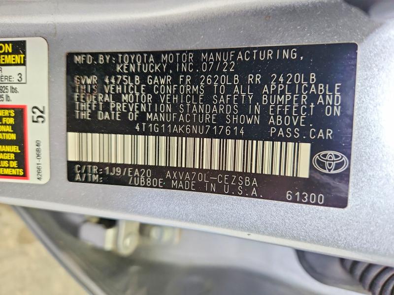 Продаж на аукціоні авто 2022 Toyota Camry, vin: 4T1G11AK6NU717614, номер лоту: 62511956