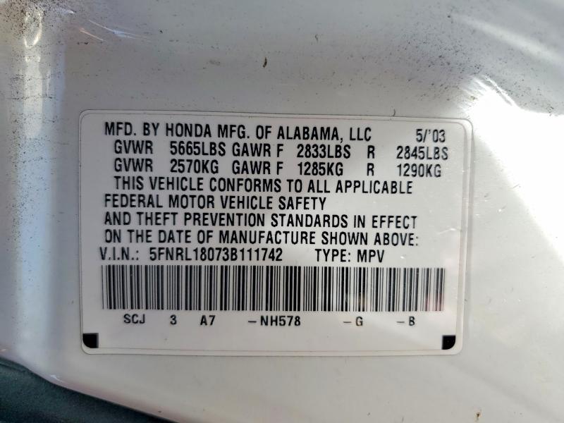 Aukcja sprzedaży 2003 Honda Odyssey, vin: 5FNRL18073B111742, numer aukcji: 60046146