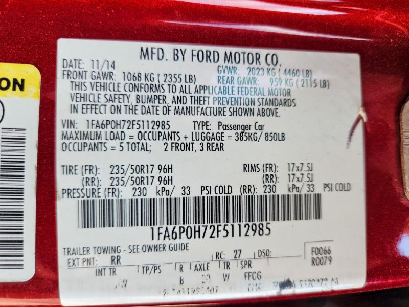 2015 Ford Fusion მანქანა იყიდება აუქციონზე, vin: 1FA6P0H72F5112985, აუქციონის ნომერი: 62041316