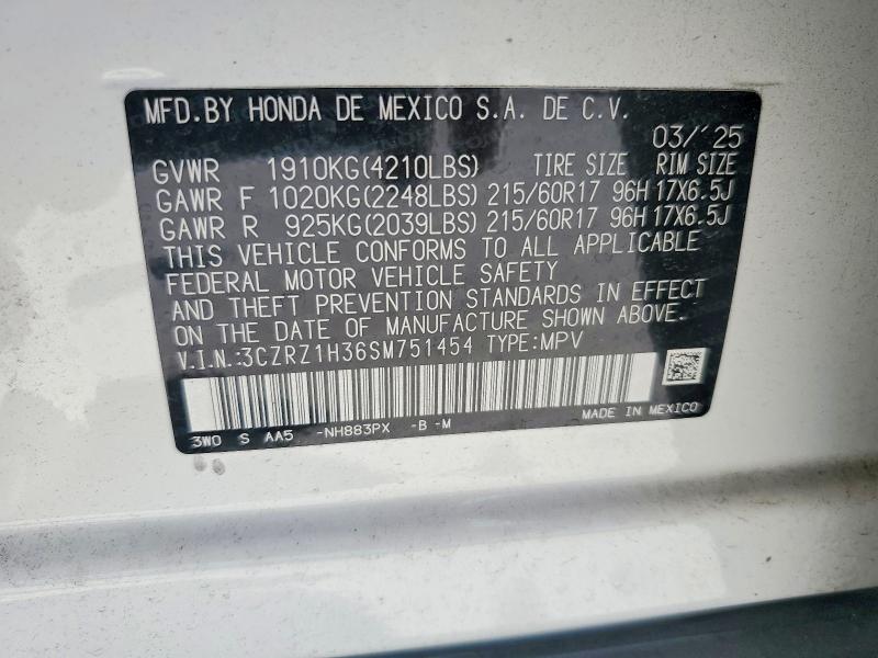 Продаж на аукціоні авто 2025 Honda Hr-v, vin: 3CZRZ1H36SM751454, номер лоту: 62208376