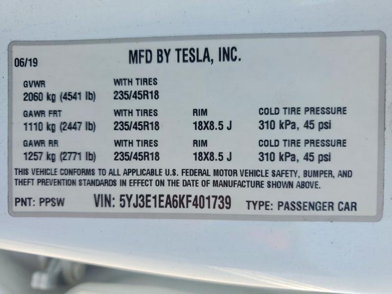 Aukcja sprzedaży 2019 Tesla Model 3, vin: 5YJ3E1EA6KF401739, numer aukcji: 59870646