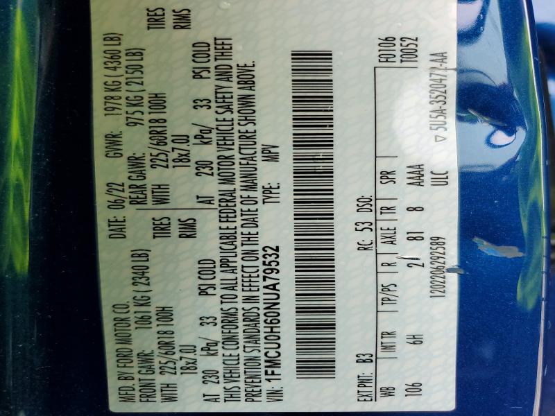 Auction sale of the 2022 Ford Escape, vin: 1FMCU0H60NUA79532, lot number: 62623456