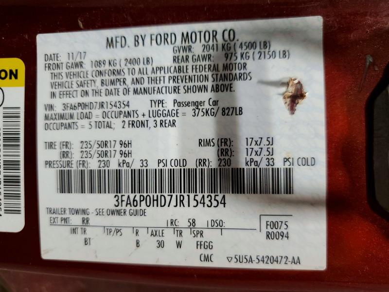 2018 Ford Fusion მანქანა იყიდება აუქციონზე, vin: 3FA6P0HD7JR154354, აუქციონის ნომერი: 60091026