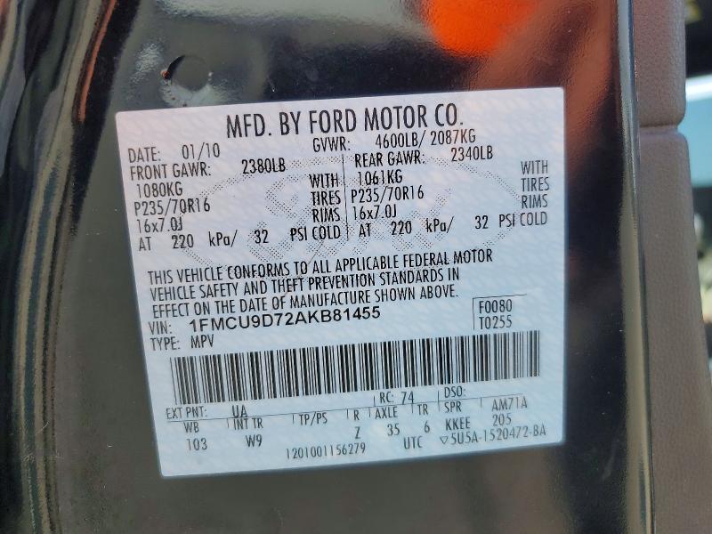 Продажа на аукционе авто 2010 Ford Escape, vin: 1FMCU9D72AKB81455, номер лота: 61612416