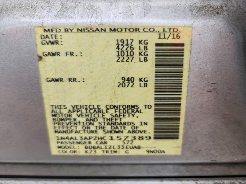 2017 Nissan Altima მანქანა იყიდება აუქციონზე, vin: 1N4AL3AP2HC157389, აუქციონის ნომერი: 61524406