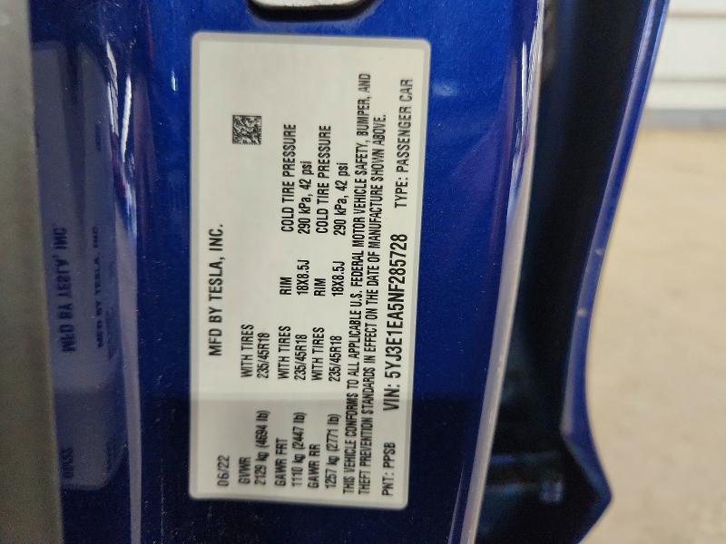 Aukcja sprzedaży 2022 Tesla Model 3, vin: 5YJ3E1EA5NF285728, numer aukcji: 60930166