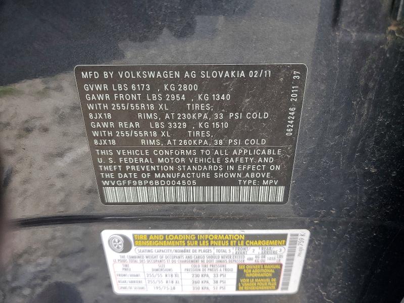 Aukcja sprzedaży 2011 Volkswagen Touareg, vin: WVGFF9BP6BD004505, numer aukcji: 62308986