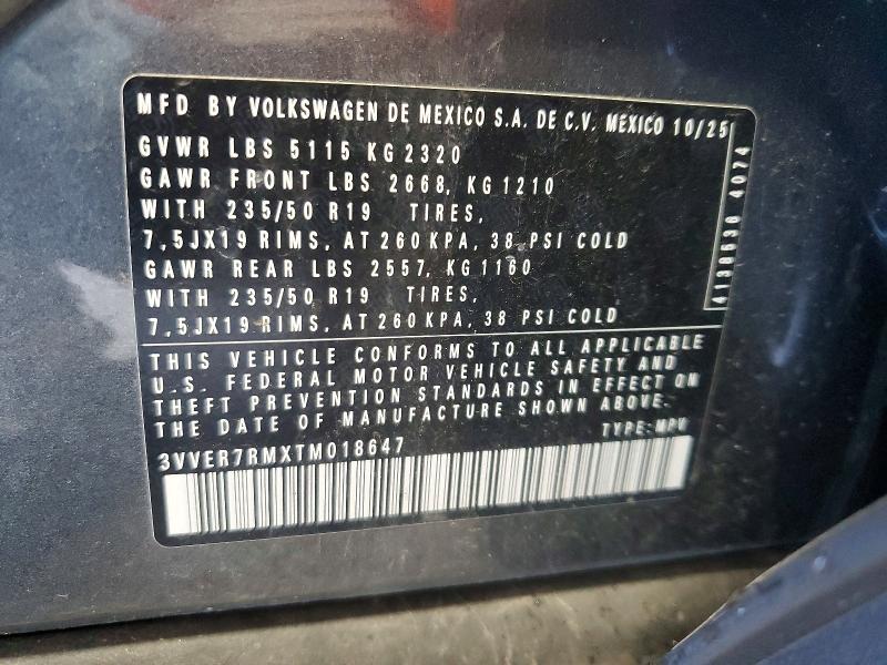 2026 Volkswagen Tiguan მანქანა იყიდება აუქციონზე, vin: 3VVER7RMXTM018647, აუქციონის ნომერი: 60743086