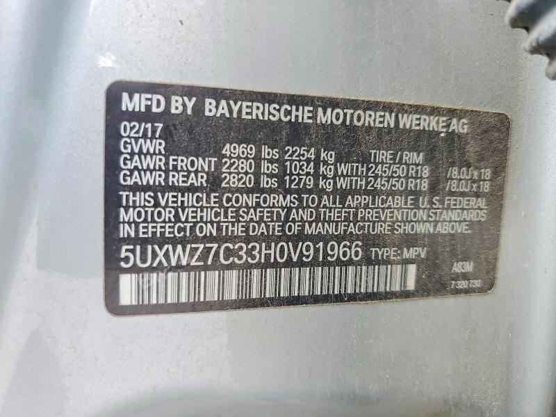 2017 Bmw X3 მანქანა იყიდება აუქციონზე, vin: 5UXWZ7C33H0V91966, აუქციონის ნომერი: 60152836