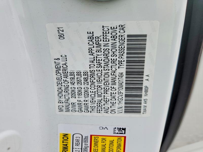 Продажа на аукционе авто 2021 Honda Accord, vin: 1HGCV3F10MA017494, номер лота: 62996906