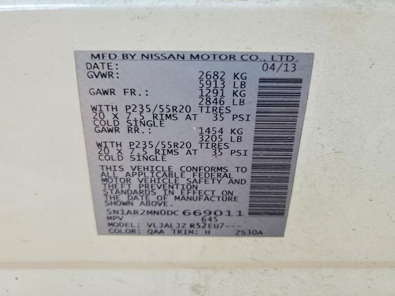 59907726 :رقم المزاد ، 5N1AR2MN0DC669011 vin ، 2013 Nissan Pathfinder مزاد بيع