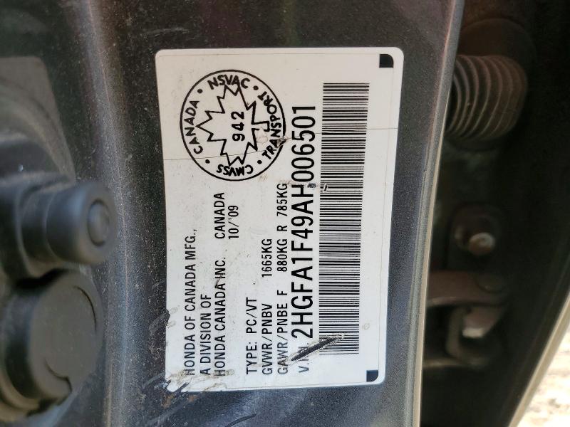 2010 Honda Civic მანქანა იყიდება აუქციონზე, vin: 2HGFA1F49AH006501, აუქციონის ნომერი: 59389596