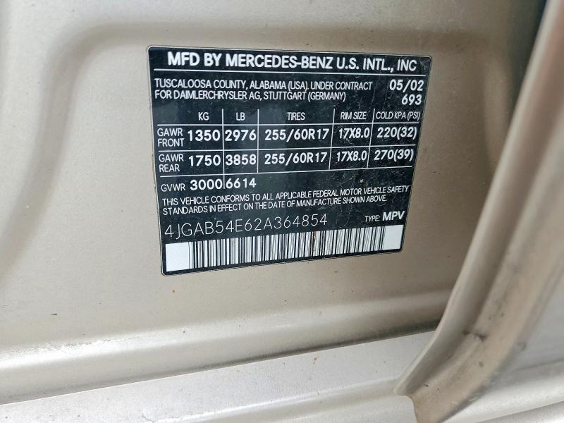 2002 Mercedes-benz Ml მანქანა იყიდება აუქციონზე, vin: 4JGAB54E62A364854, აუქციონის ნომერი: 62013706
