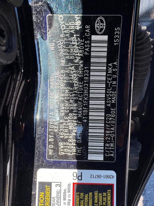 2017 Toyota Camry მანქანა იყიდება აუქციონზე, vin: 4T1BF1FK3HU318331, აუქციონის ნომერი: 62200716