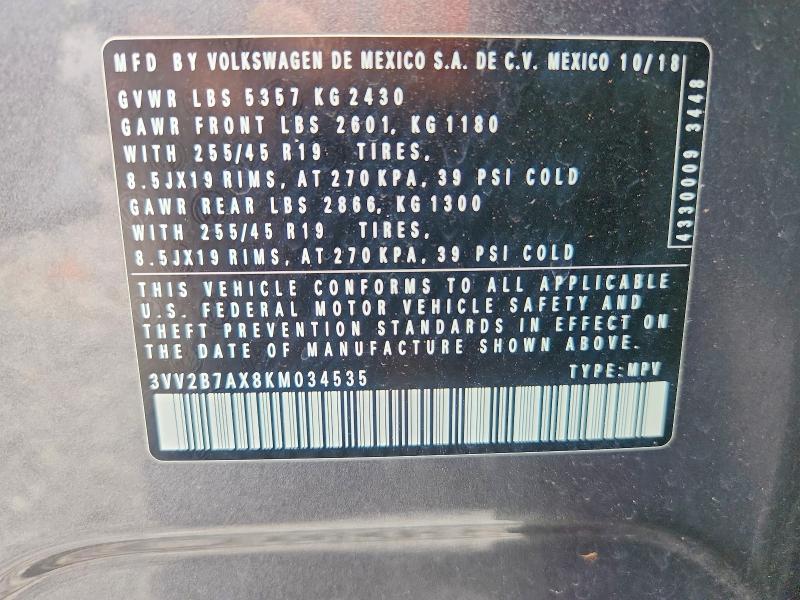 Продажа на аукционе авто 2019 Volkswagen Tiguan, vin: 3VV2B7AX8KM034535, номер лота: 62418116