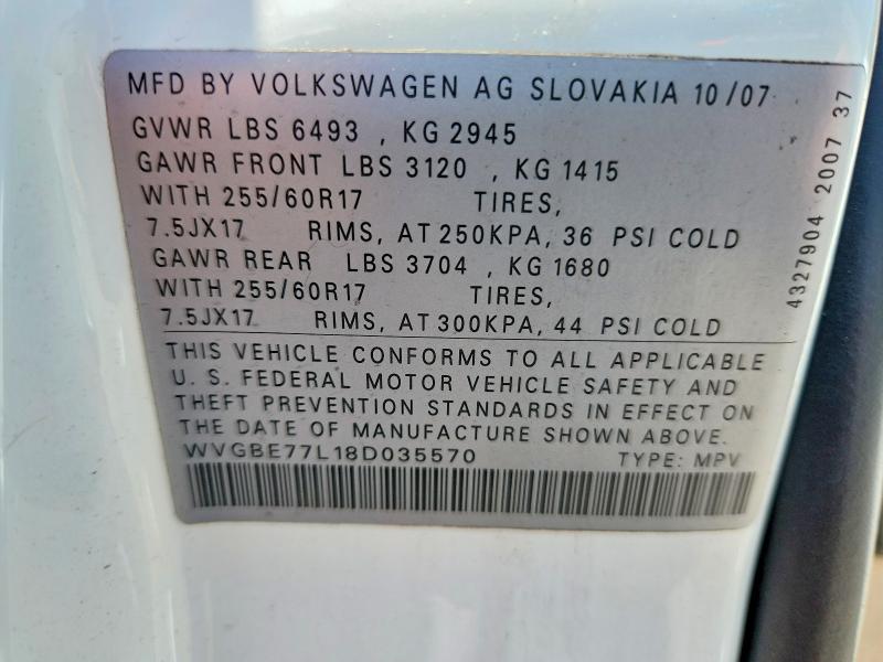 60838946 :رقم المزاد ، WVGBE77L18D035570 vin ، 2008 Volkswagen Touareg 2 مزاد بيع
