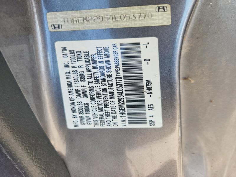 62165786 :رقم المزاد ، 1HGEM22954L053770 vin ، 2004 Honda Civic مزاد بيع