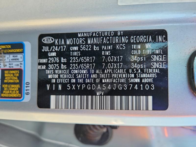 2018 Kia Sorento მანქანა იყიდება აუქციონზე, vin: 5XYPGDA54JG374103, აუქციონის ნომერი: 56195686