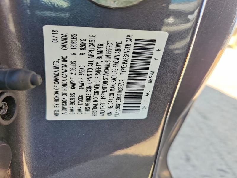 Aukcja sprzedaży 2018 Honda Civic, vin: 2HGFC3B31JH352772, numer aukcji: 61122266