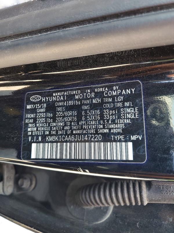 Продаж на аукціоні авто 2018 Hyundai Kona, vin: KM8K1CAA6JU147220, номер лоту: 62838516