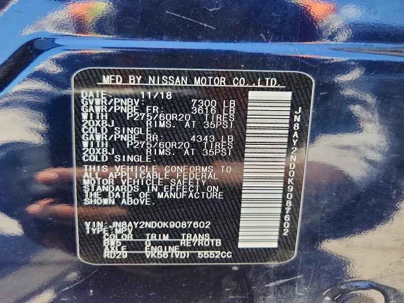 2019 Nissan Armada მანქანა იყიდება აუქციონზე, vin: JN8AY2ND0K9087602, აუქციონის ნომერი: 60657246
