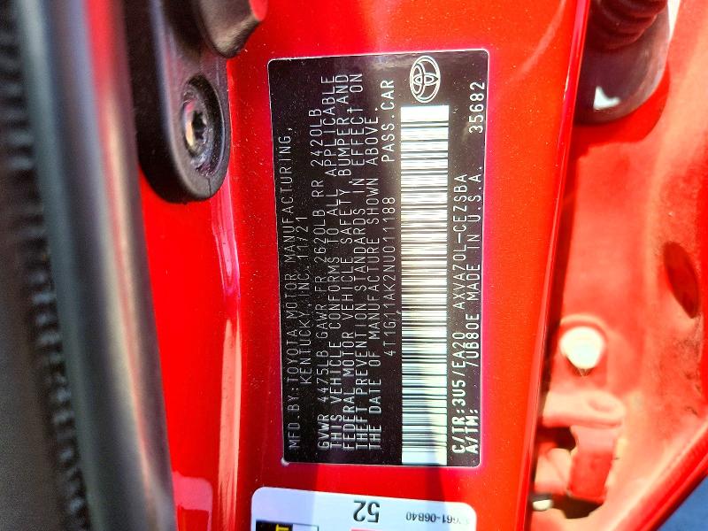 Продаж на аукціоні авто 2022 Toyota Camry, vin: 4T1G11AK2NU011188, номер лоту: 61870486
