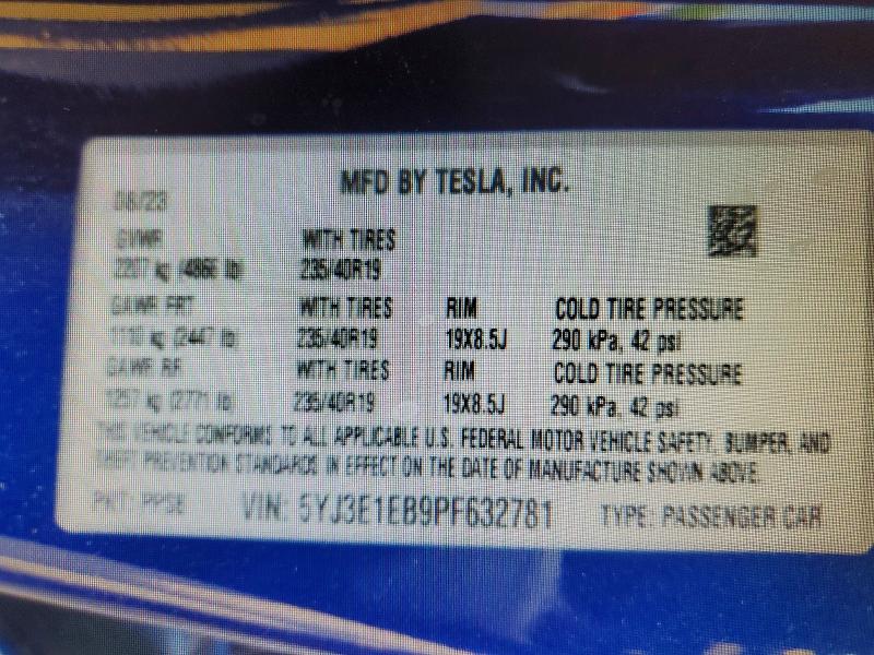 58964836 :رقم المزاد ، 5YJ3E1EB9PF632781 vin ، 2023 Tesla Model 3 مزاد بيع