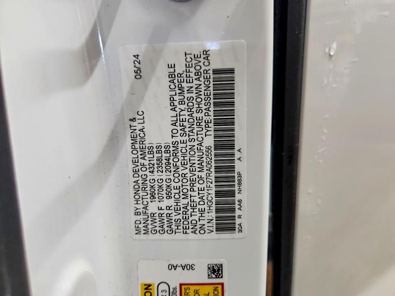 Продажа на аукционе авто 2024 Honda Accord, vin: 1HGCY1F27RA062556, номер лота: 61582786
