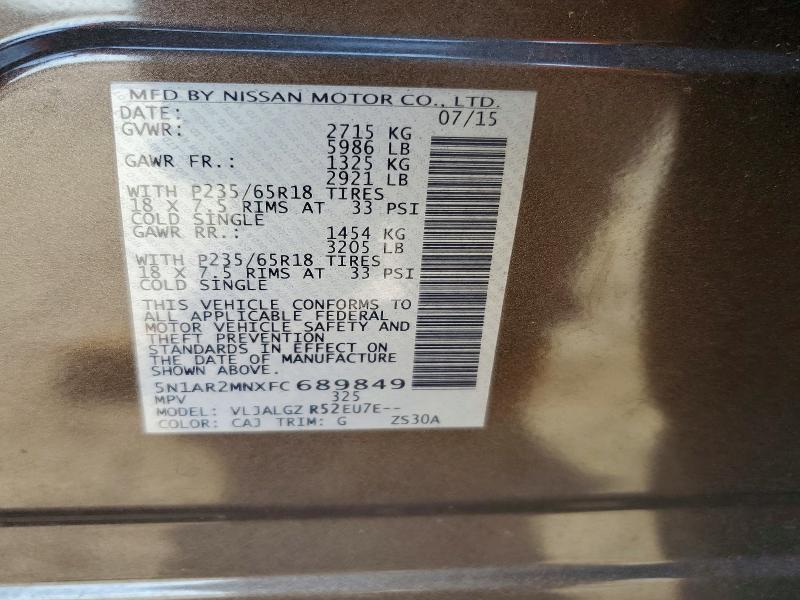 2015 Nissan Pathfinder მანქანა იყიდება აუქციონზე, vin: 5N1AR2MNXFC689849, აუქციონის ნომერი: 62272996