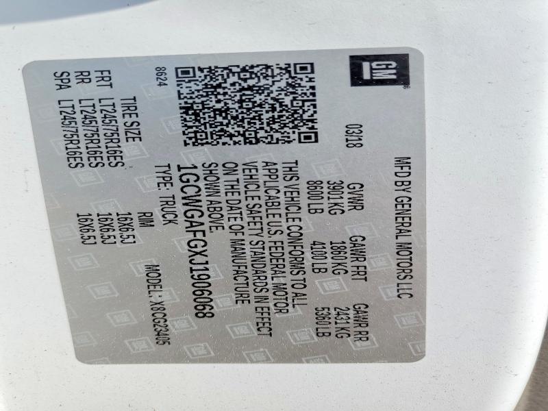 Aukcja sprzedaży 2018 Chevrolet Express G2500, vin: 1GCWGAFGXJ1906068, numer aukcji: 62600486