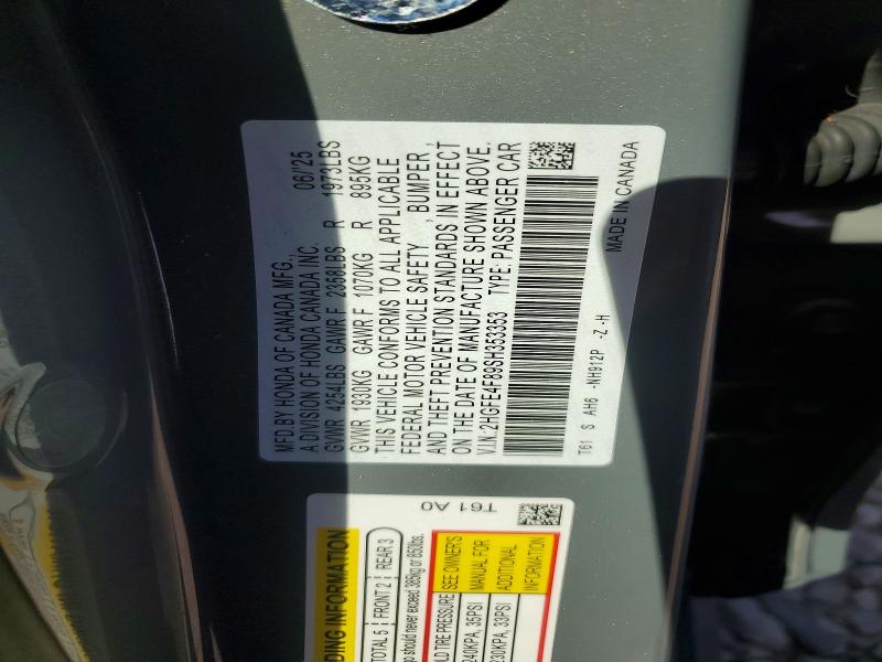 Aukcja sprzedaży 2025 Honda Civic, vin: 2HGFE4F89SH353353, numer aukcji: 60532376
