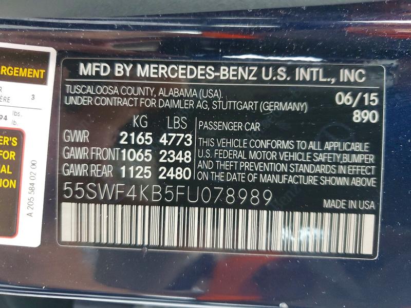 2015 Mercedes-benz C მანქანა იყიდება აუქციონზე, vin: 55SWF4KB5FU078989, აუქციონის ნომერი: 61501336