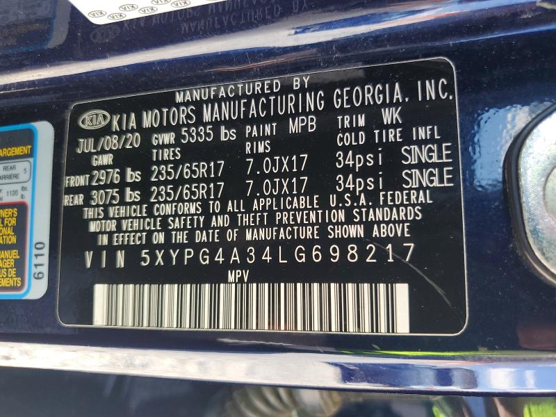 2020 Kia Sorento მანქანა იყიდება აუქციონზე, vin: 5XYPG4A34LG698217, აუქციონის ნომერი: 63216376
