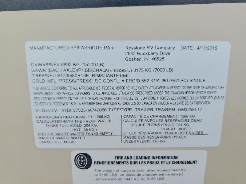 Продаж на аукціоні авто 2017 Keystone Trailer, vin: 4YDF37523HA740066, номер лоту: 61006166