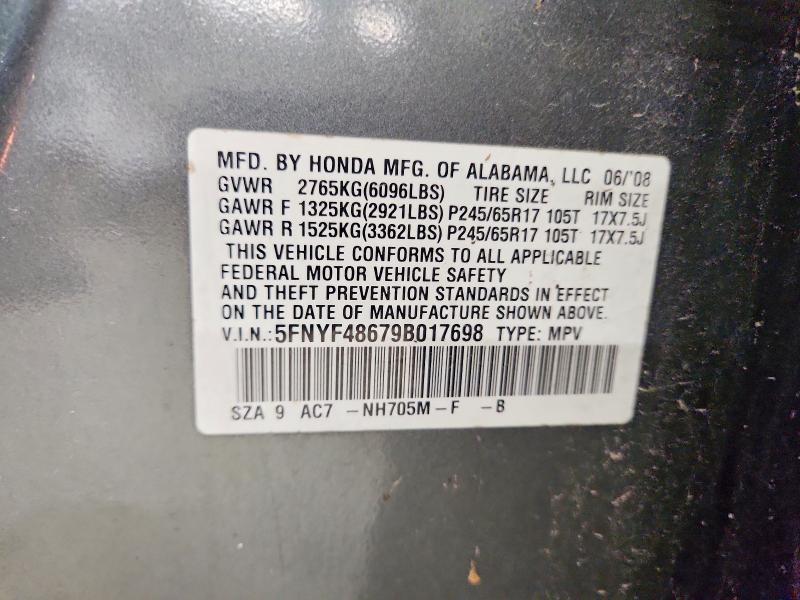 2009 Honda Pilot მანქანა იყიდება აუქციონზე, vin: 5FNYF48679B017698, აუქციონის ნომერი: 61929066