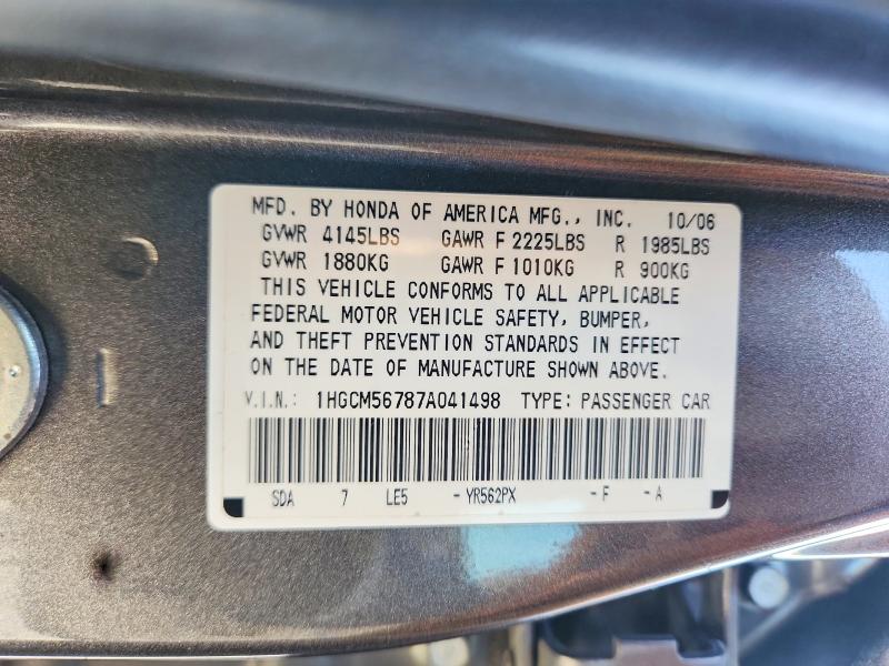 2007 Honda Accord მანქანა იყიდება აუქციონზე, vin: 1HGCM56787A041498, აუქციონის ნომერი: 59392836