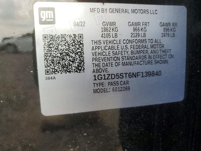 2022 Chevrolet Malibu მანქანა იყიდება აუქციონზე, vin: 1G1ZD5ST6NF139840, აუქციონის ნომერი: 62281216