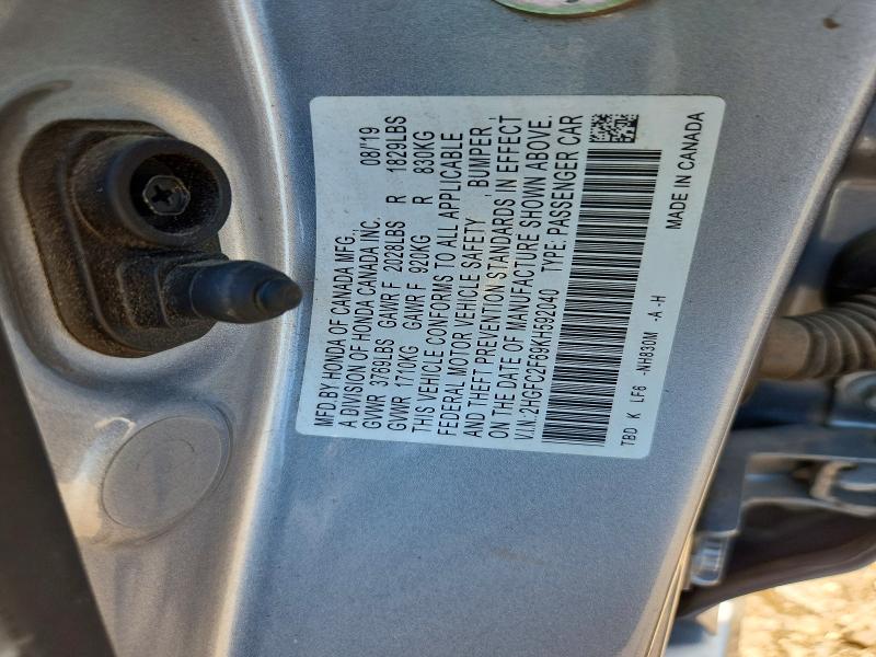 Aukcja sprzedaży 2019 Honda Civic, vin: 2HGFC2F69KH592040, numer aukcji: 61807966