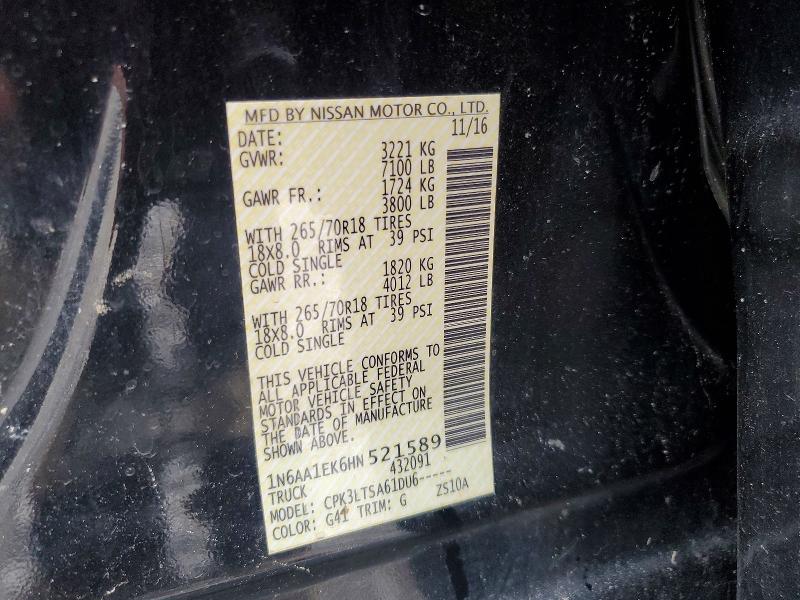 Auction sale of the 2017 Nissan Titan, vin: 1N6AA1EK6HN521589, lot number: 62447846