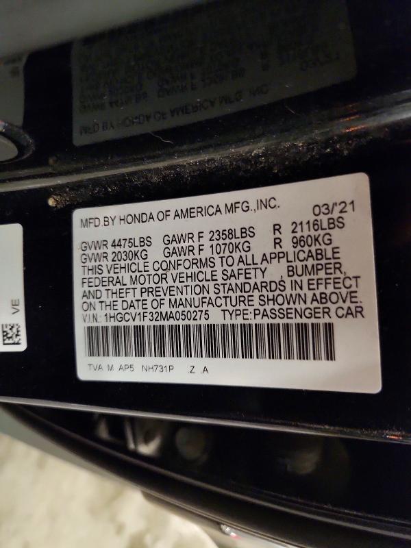 2021 Honda Accord მანქანა იყიდება აუქციონზე, vin: 1HGCV1F32MA050275, აუქციონის ნომერი: 60832476