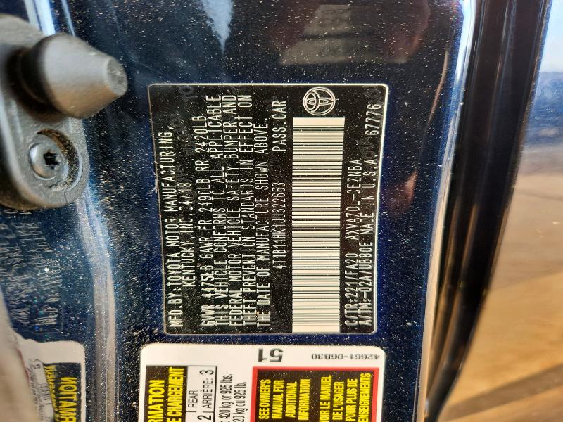 61737126 :رقم المزاد ، 4T1B11HK1JU622663 vin ، 2018 Toyota Camry مزاد بيع